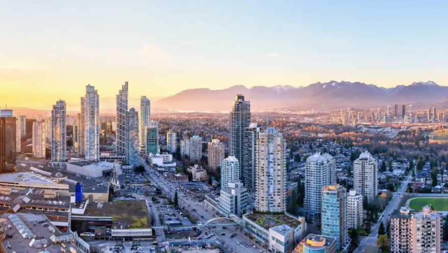 Modern condo towers in Brentwood and Metrotown, Burnaby near SkyTrain stations