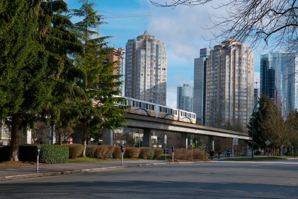 Modern condo towers in Brentwood and Metrotown, Burnaby near SkyTrain stations