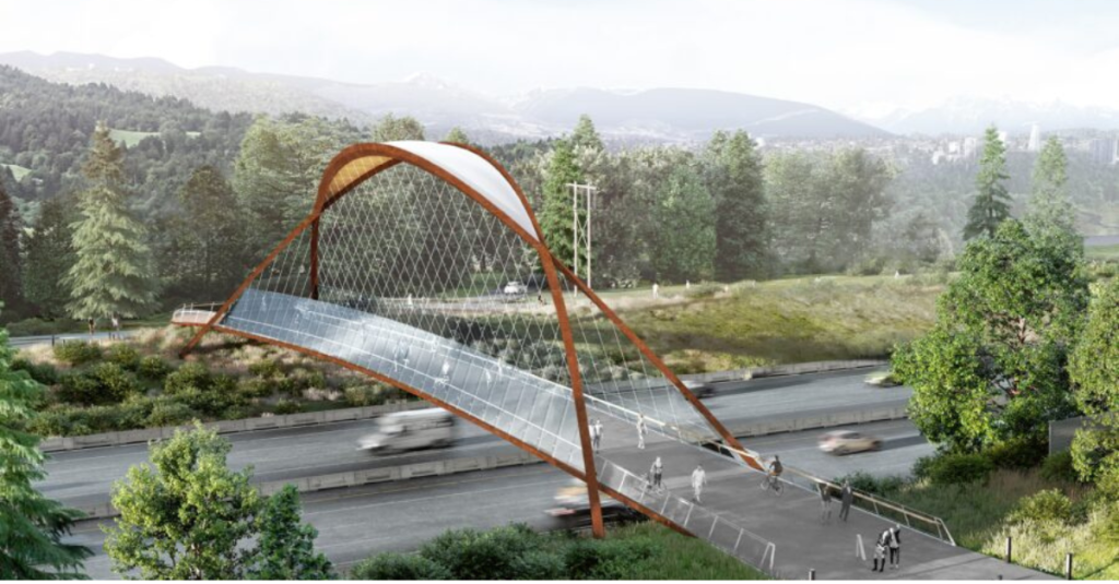 Pedestrian and cyclist using the Burnaby Lake Overpass in Burnaby
